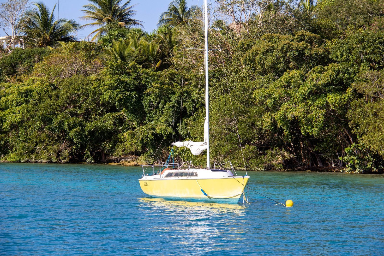 A sailboat on Bacalar Lagoon