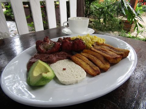 A Honduran breakfast plate with fried plantains, beans, avocado and fresh cheese